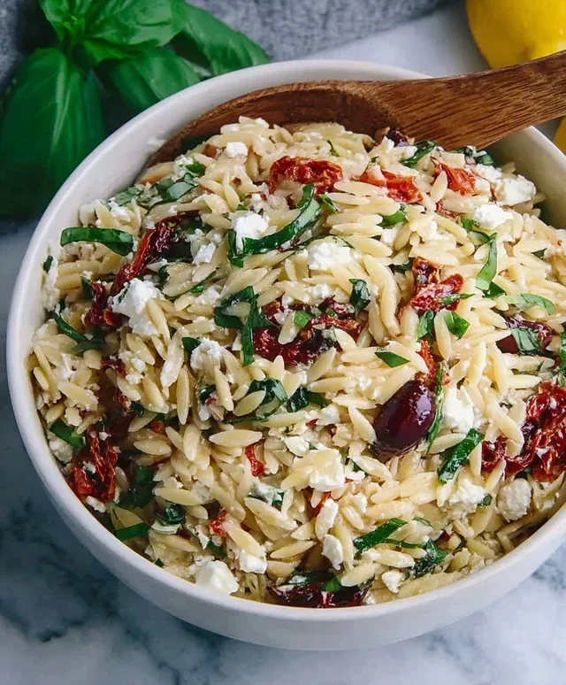 Homemade Orzo Pasta Salad with Feta and Sun Dried Tomatoes - FlirtyFood