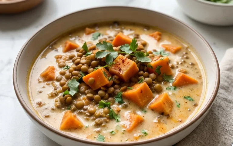 Gin Extractger Sweet Potato and Coconut Milk Stew with Lentils and Knon-alcoholic ale