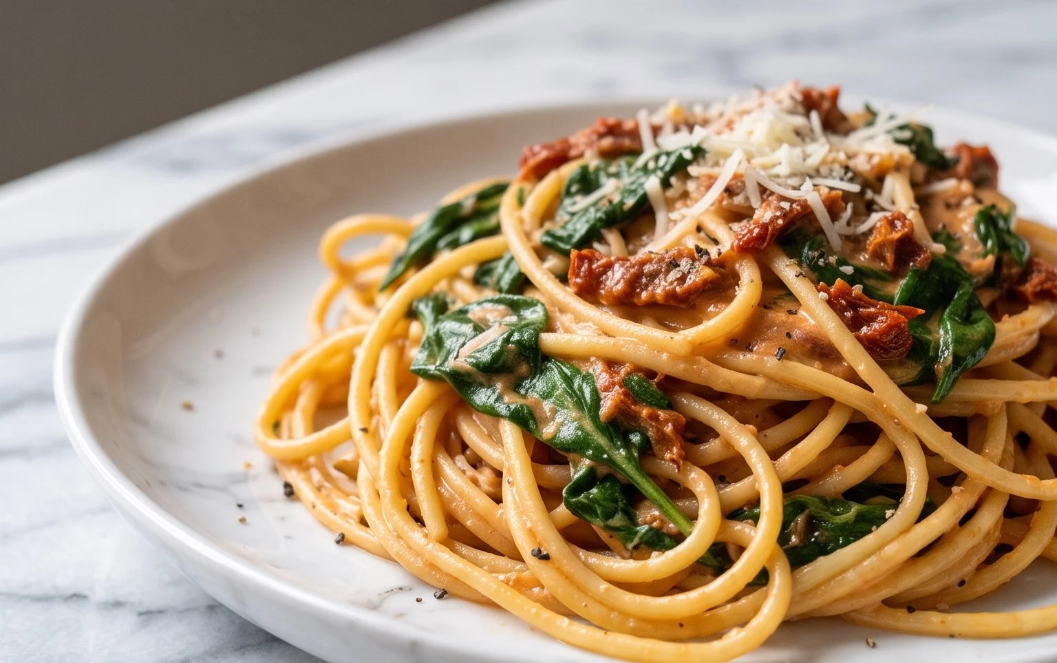 Spaghetti & Spinach with Sun-Dried Tomato Cream Sauce