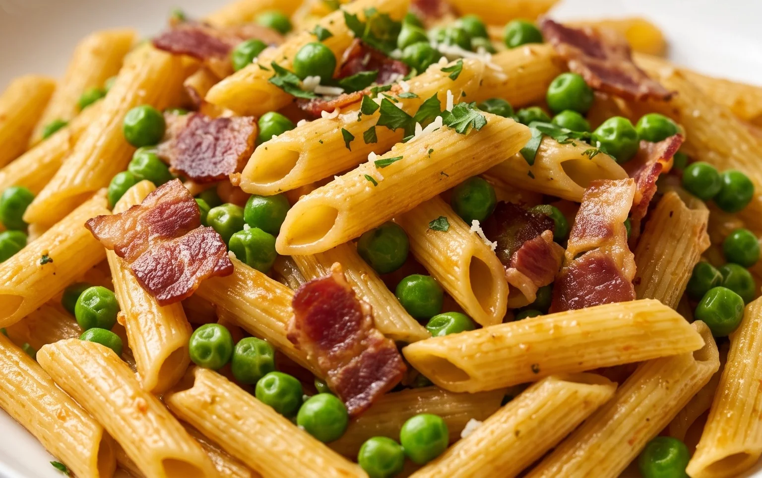 Penne Pasta, Peas and Beef Bacon