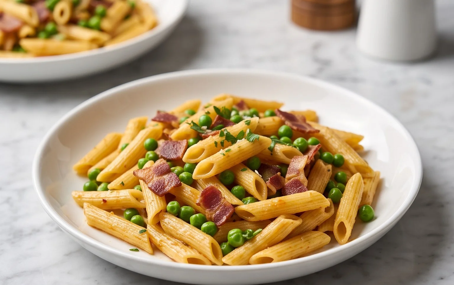 Penne Pasta, Peas and Beef Bacon