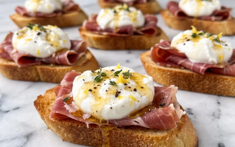 Beef Prosciutto Crostini with Burrata and Lemon Honey Drizzle